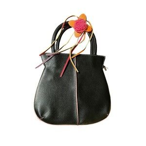 Mellow World Handbag Purse Black Vegan Leather With Flower Accent